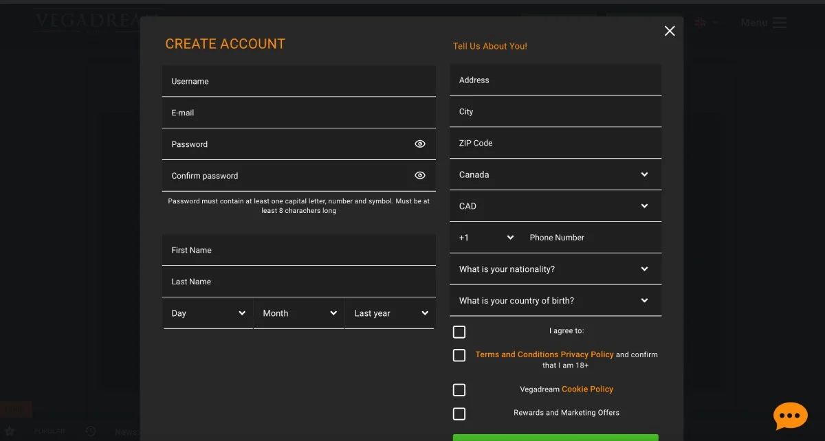 Vegadream Casino Registration