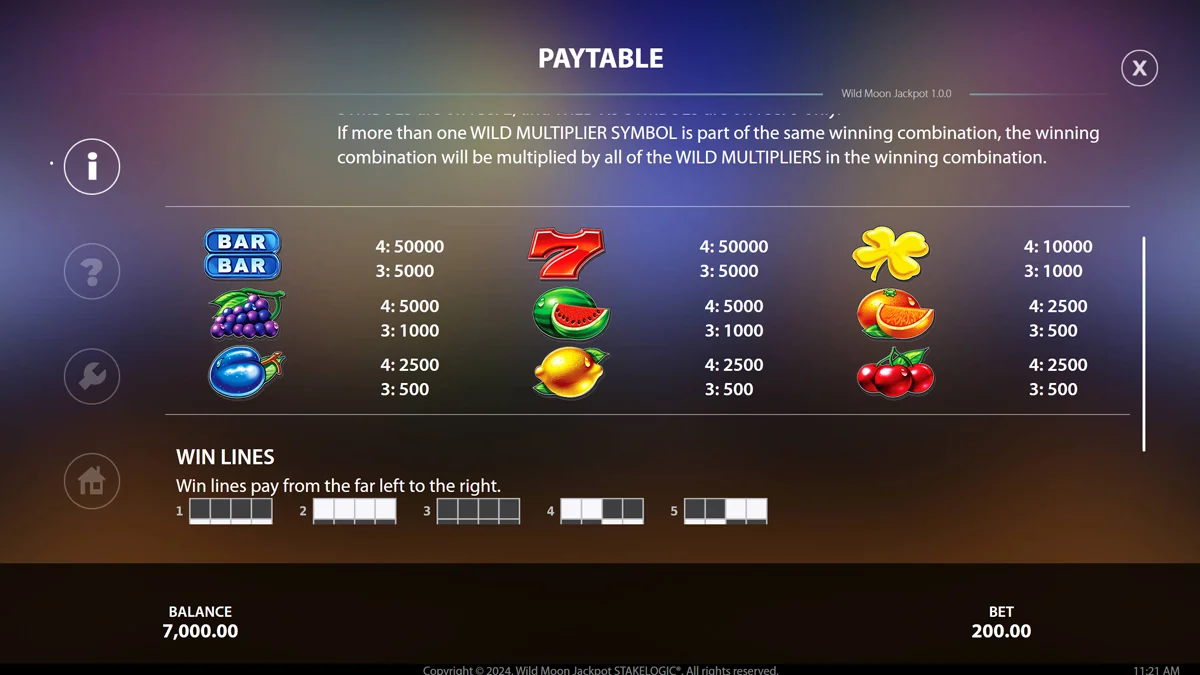 Wild Moon Paytable
