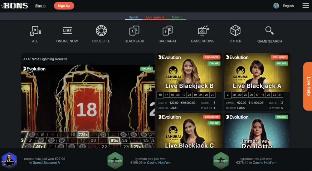 Bons Casino Live Games
