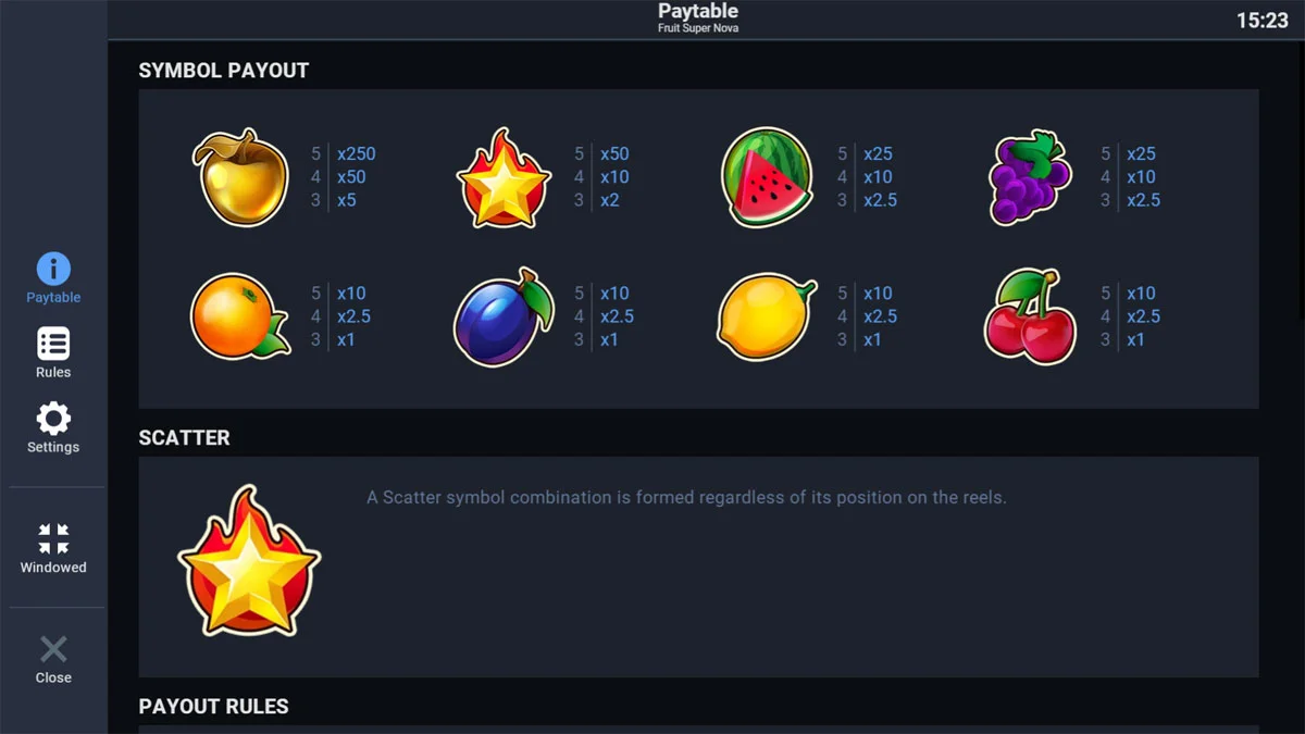 Fruit Super Nova Slot Paytable