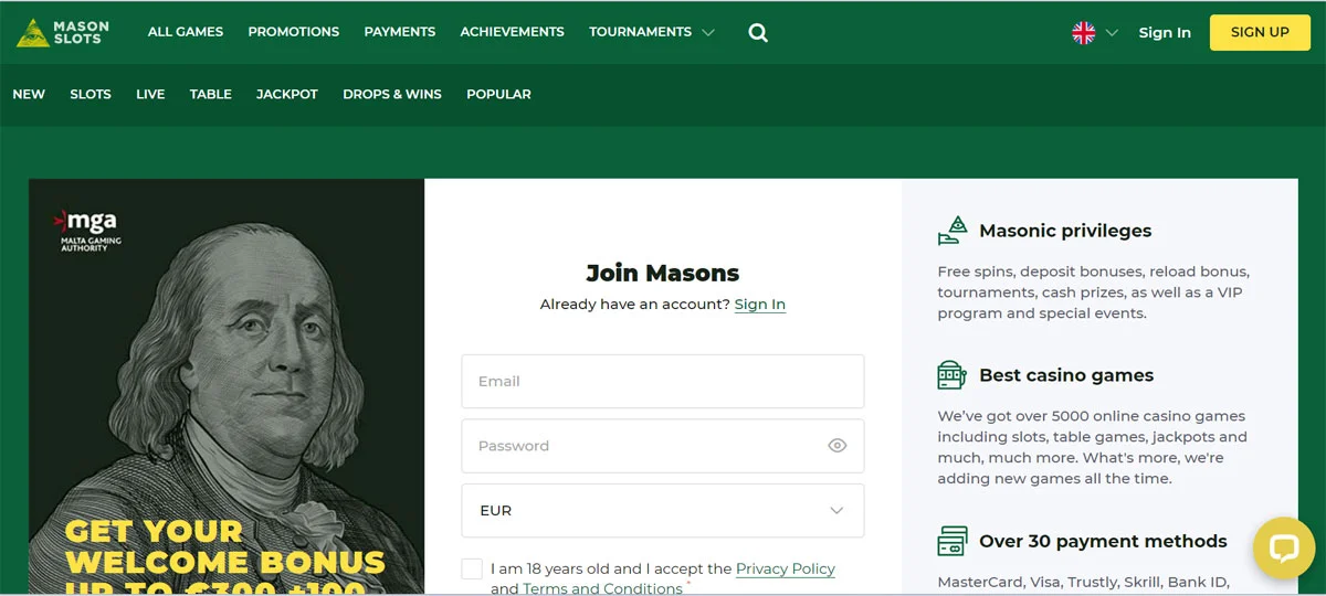 Mason Slots Casino Home Screen