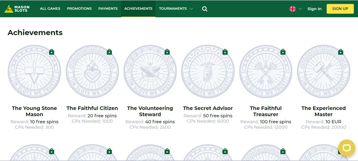 Mason Slots Casino Achievments