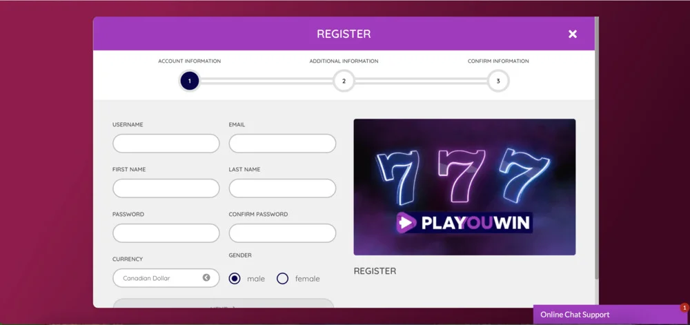 PlaYouWin Casino Register