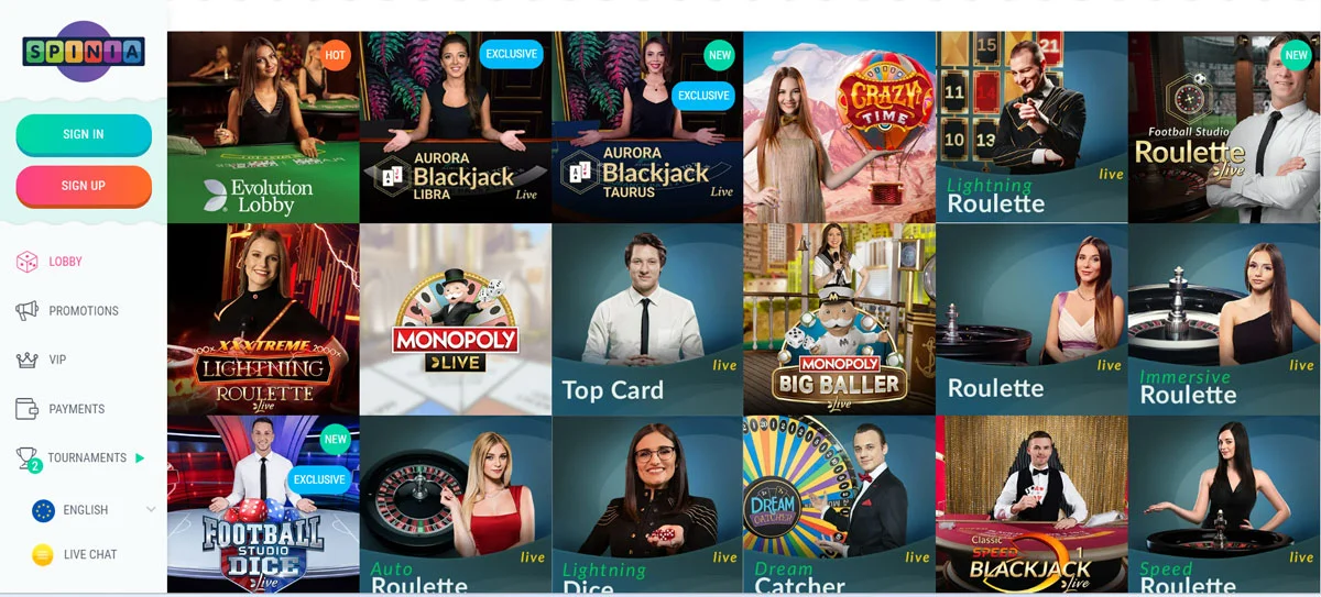 Spinia Casino Live Casino