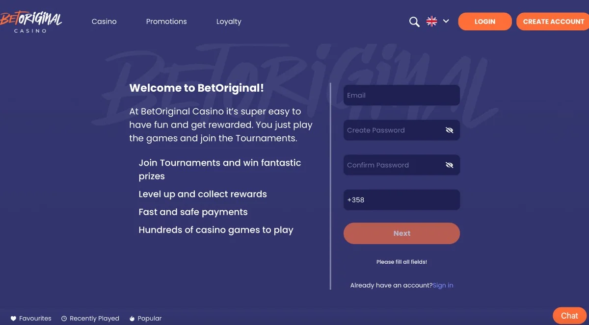 BetOriginal Casino Registration