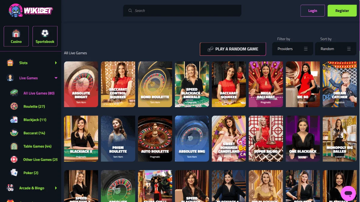 Wikibet Live Casino Page