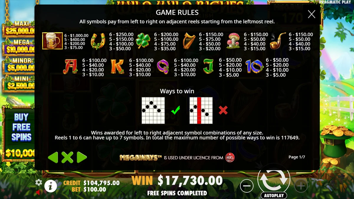 Wild Wild Riches Megaways Paytable