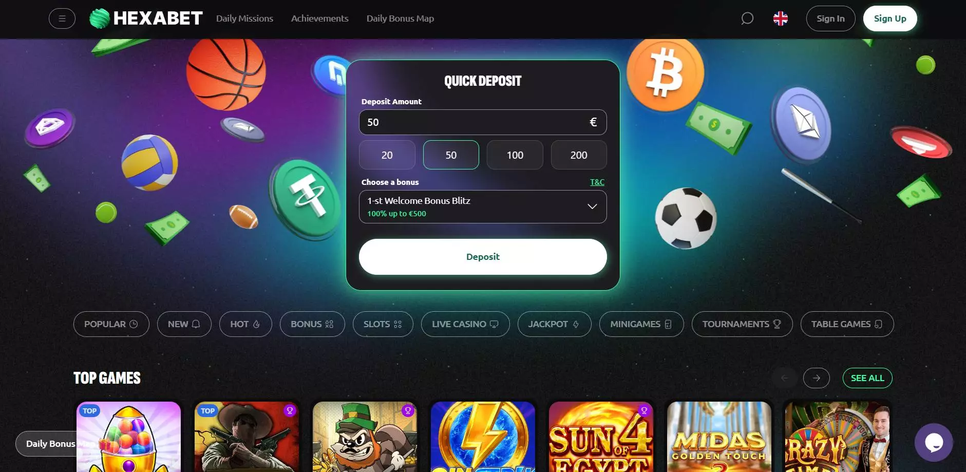 Hexabet Casino Home Screen