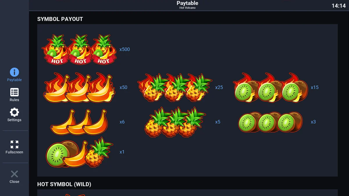 Hot Volcano Paytable
