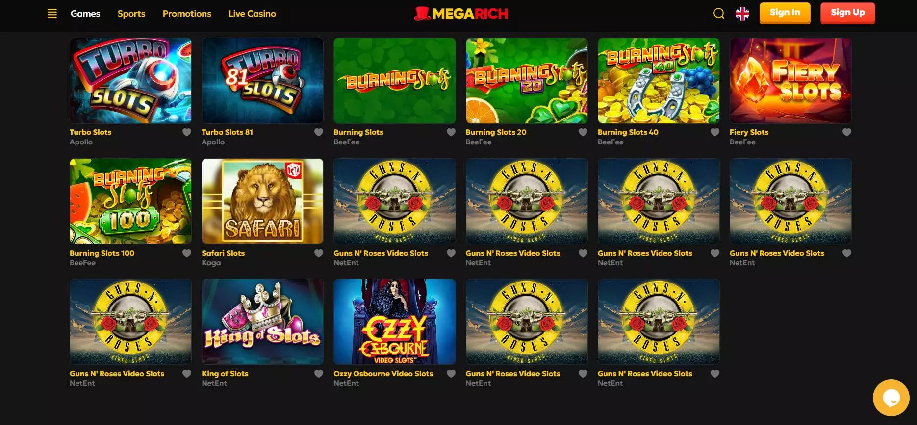 Megarich Casino Slots Section