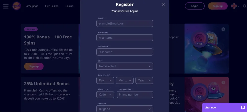 PlanetSpin Casino Register
