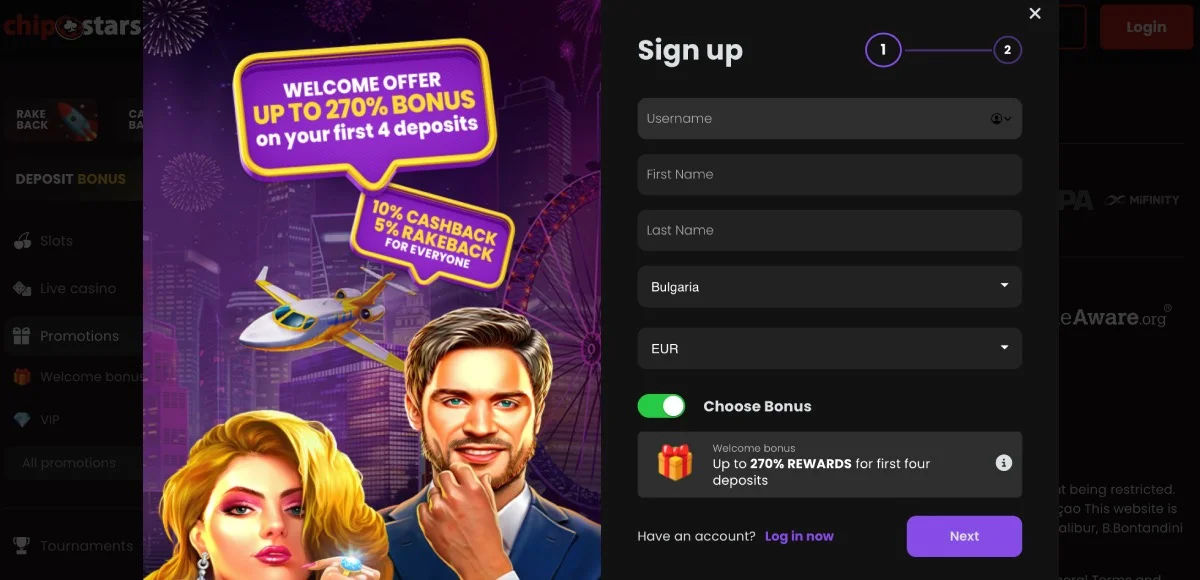 ChipStars Casino Registration