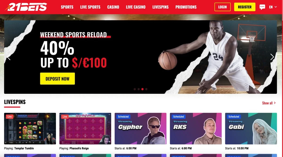 21Bets Casino Homepage