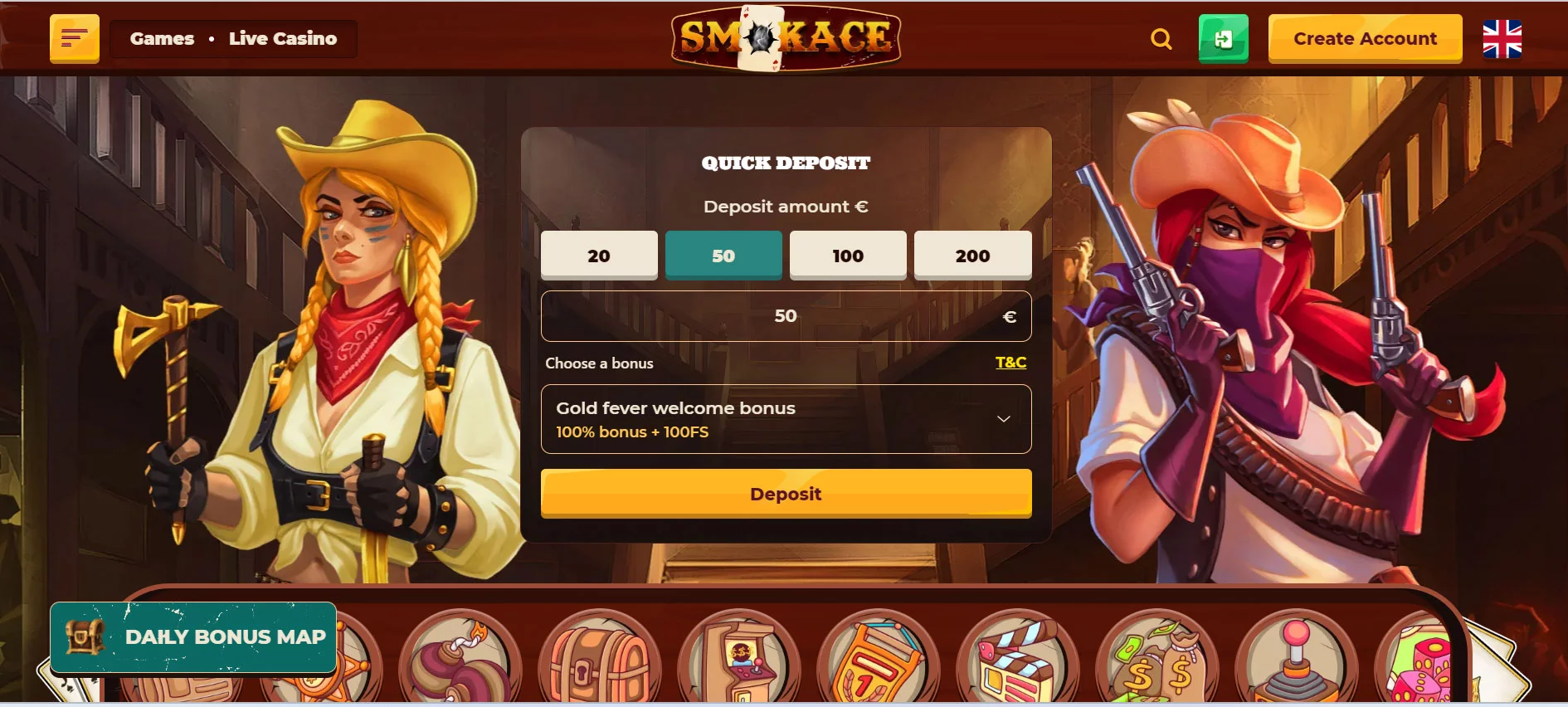 SmokeAce Casino Home Screen