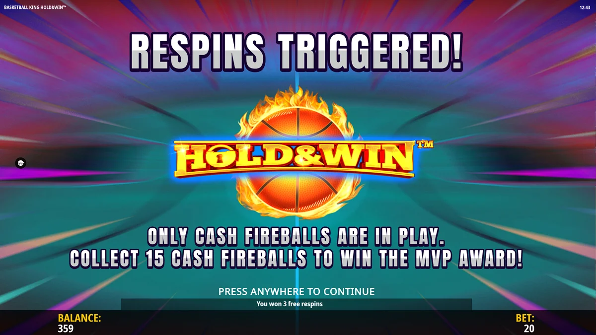 Basketball King Hold and Win hold and win screen
