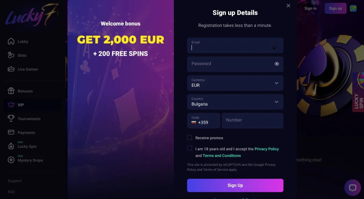 Lucky7even Casino Registration