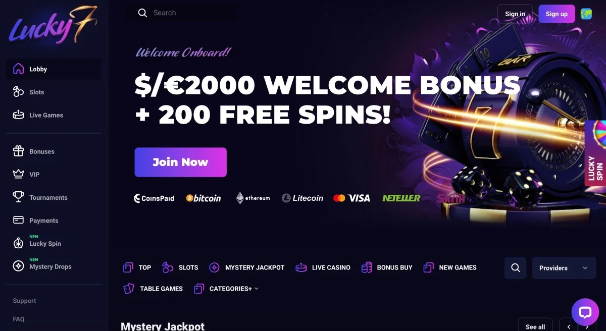 Lucky7even Casino Homepage