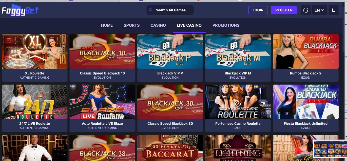 FoggyBet Casino Live Games