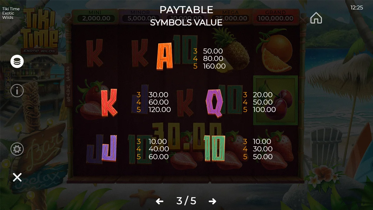 Tiki Time Exotic Wilds Paytable