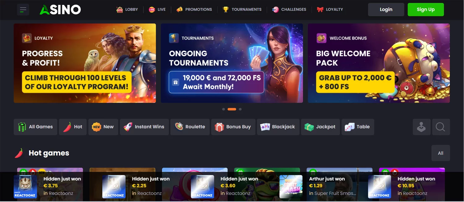 Asino Casino Home Screen