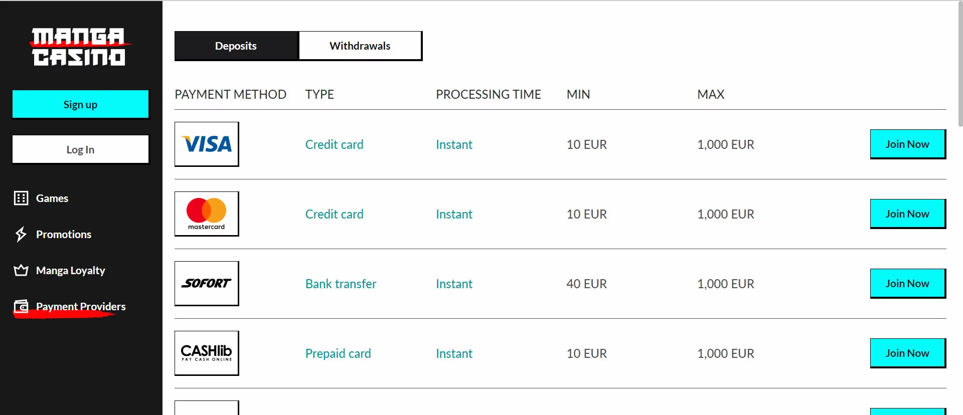 Manga Casino Payment Methods