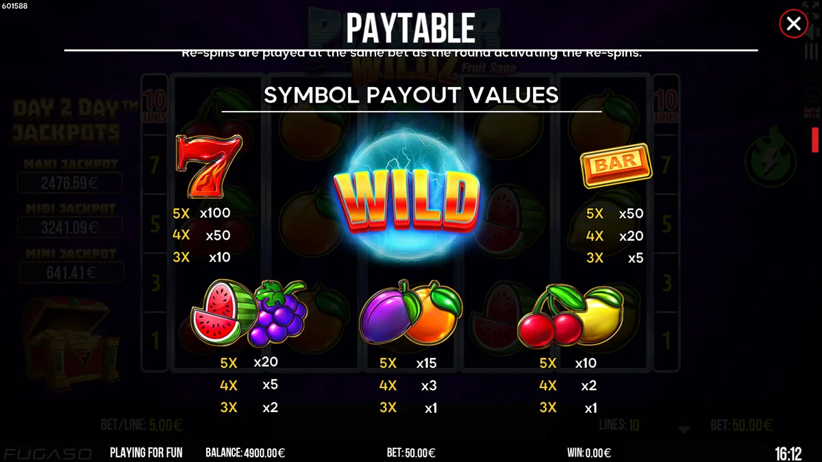 Power Wildz Fruit Saga Paytable