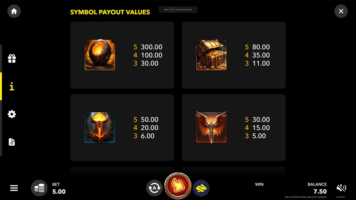 Wild Phoenix Rises Paytable