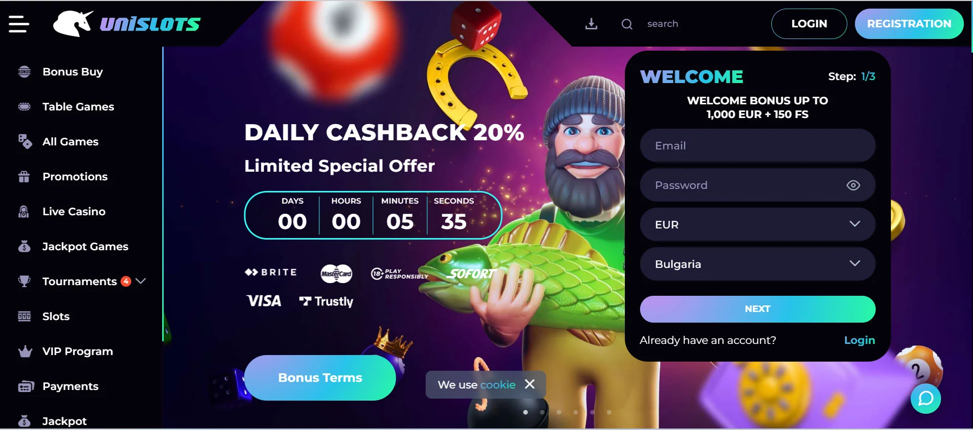 Unislots Casino Home Screen