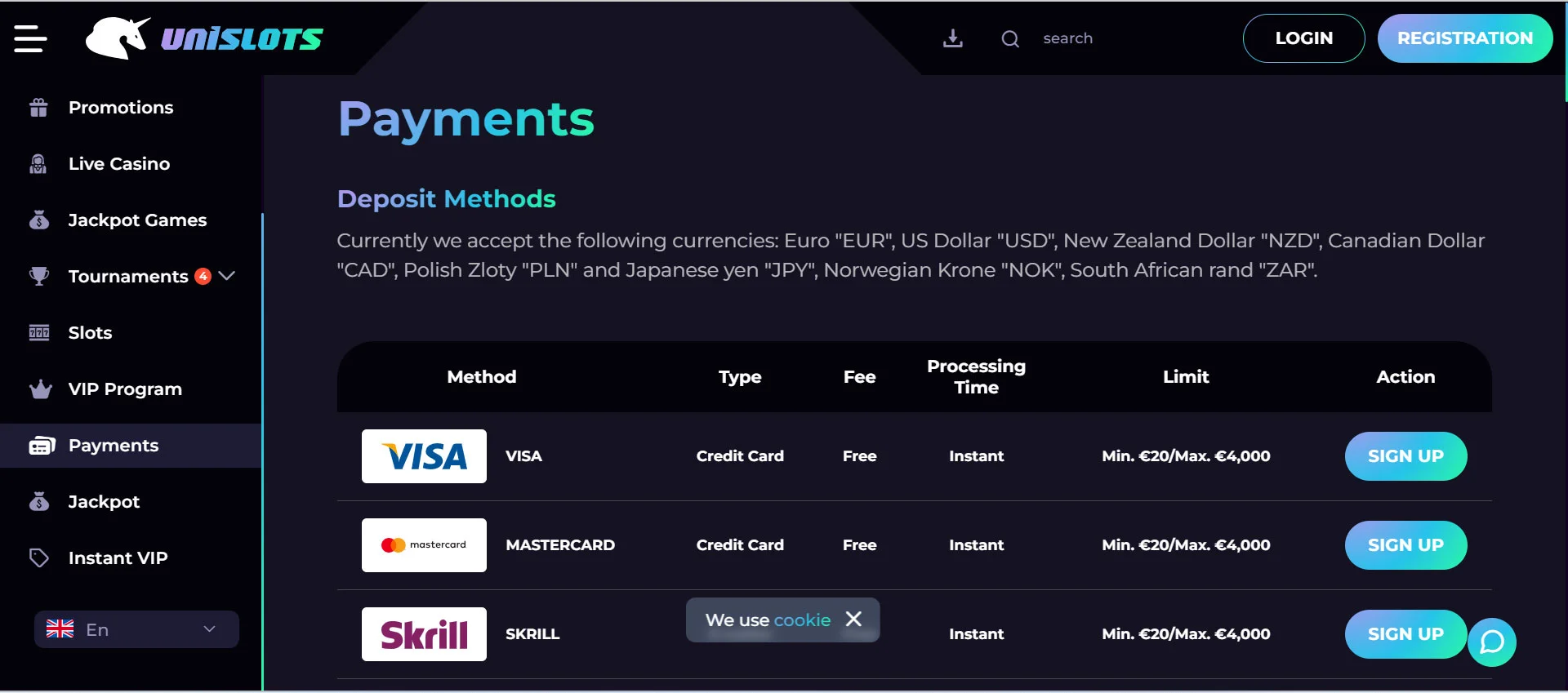 Unislots Casino Payments