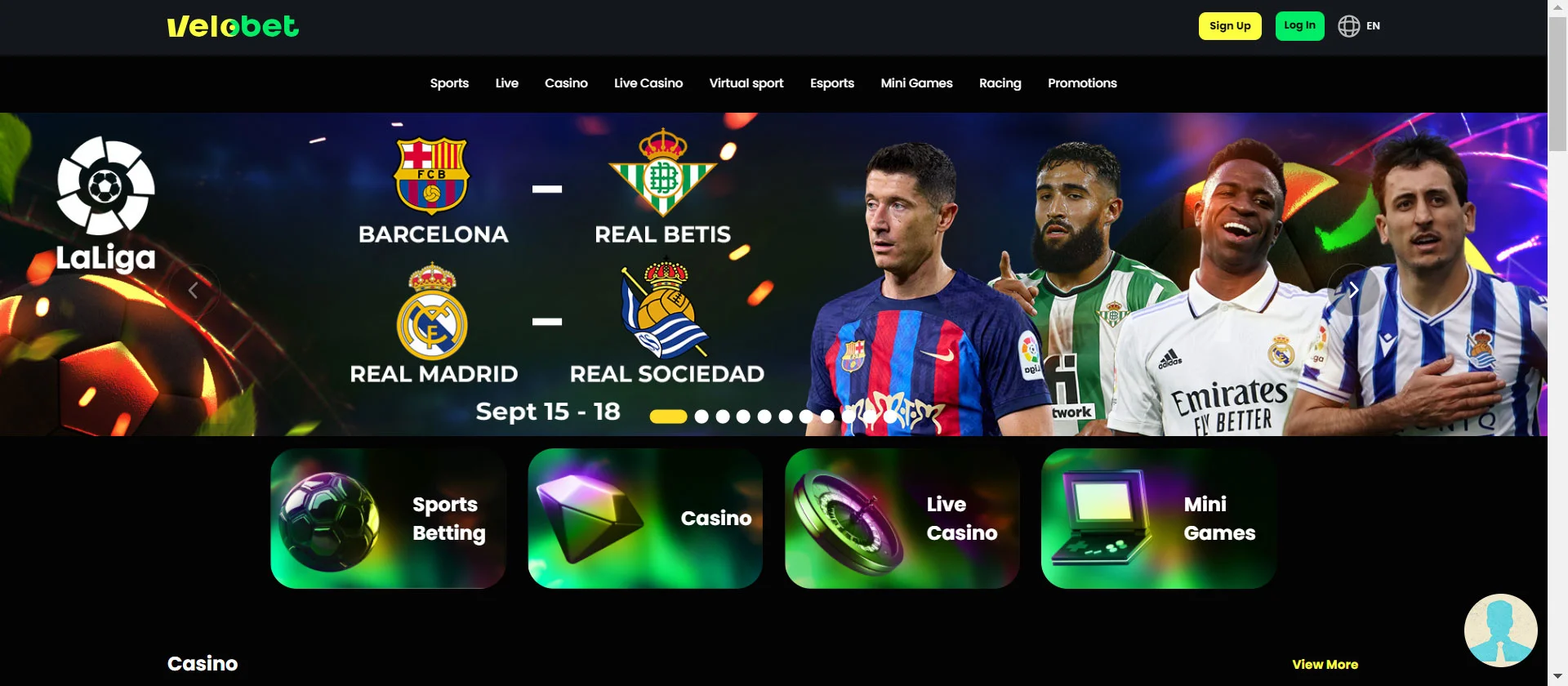 Velobet Casino Home Screen