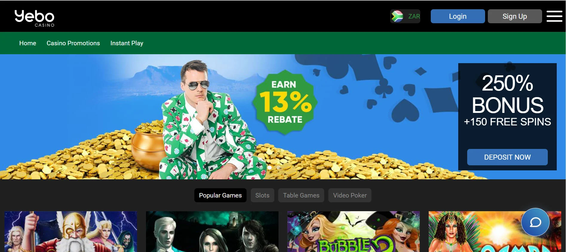 Yebo Casino Home Screen