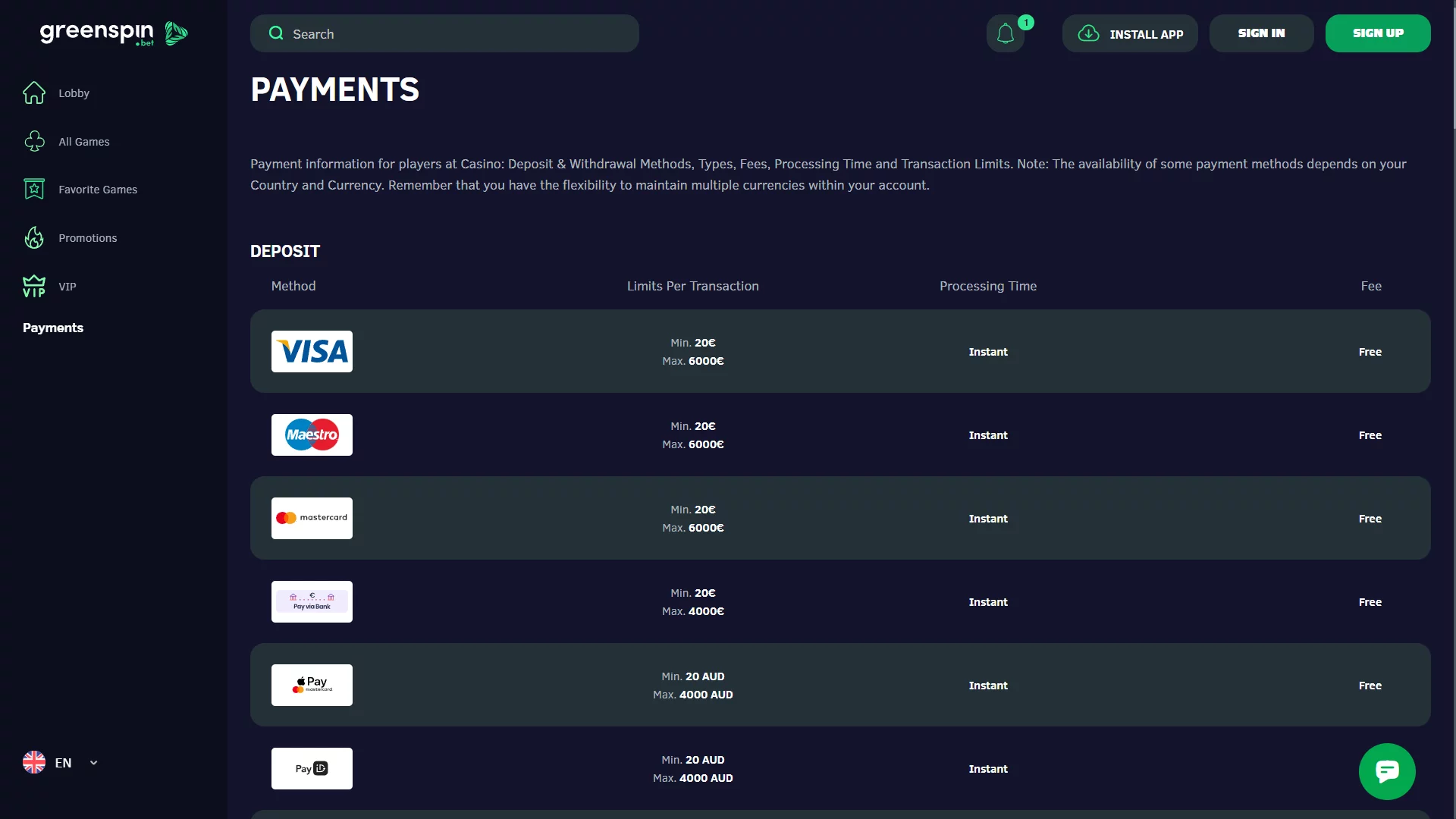 Greenspin Casino Payments
