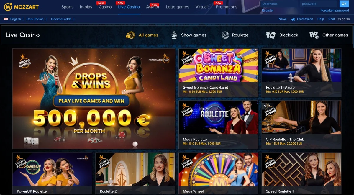 Mozzart Casino Live Game Selection