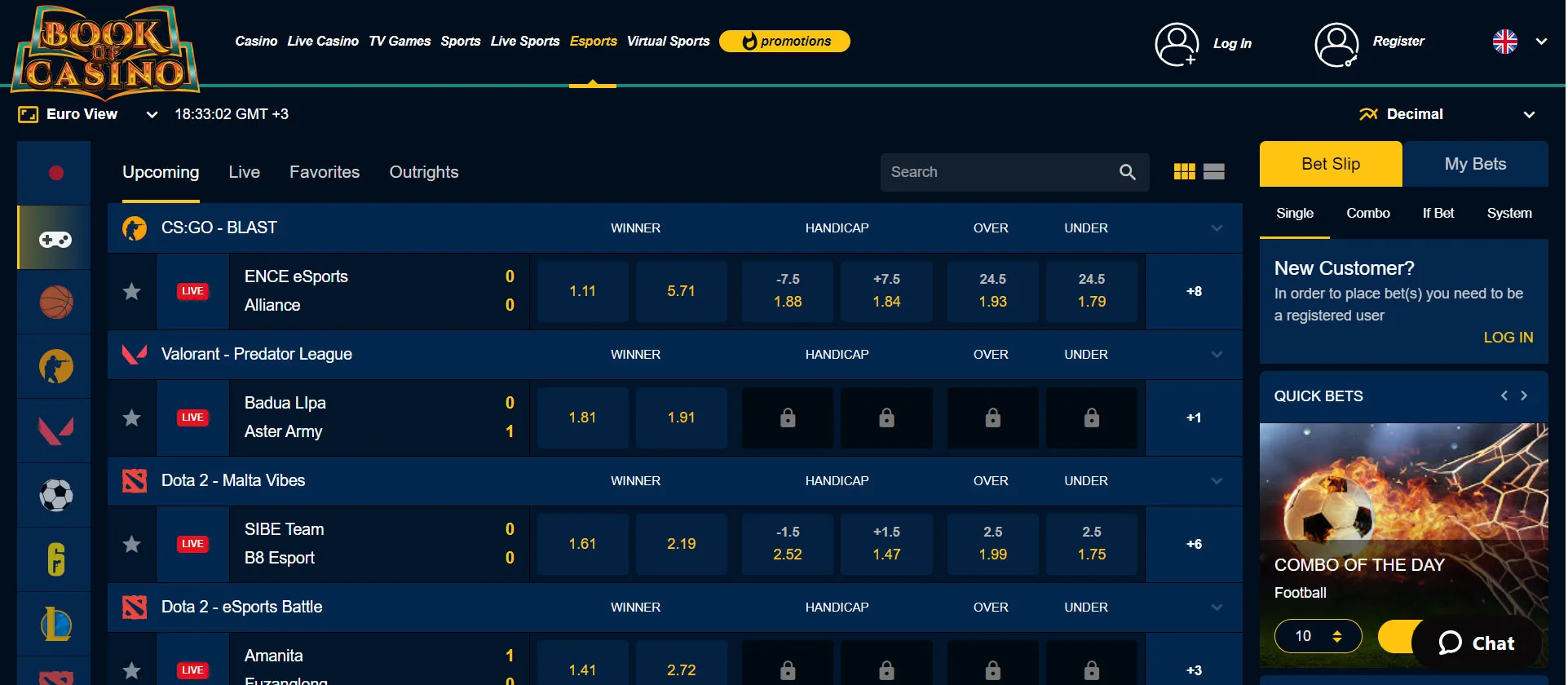 BookofCasino eSports Betting Section