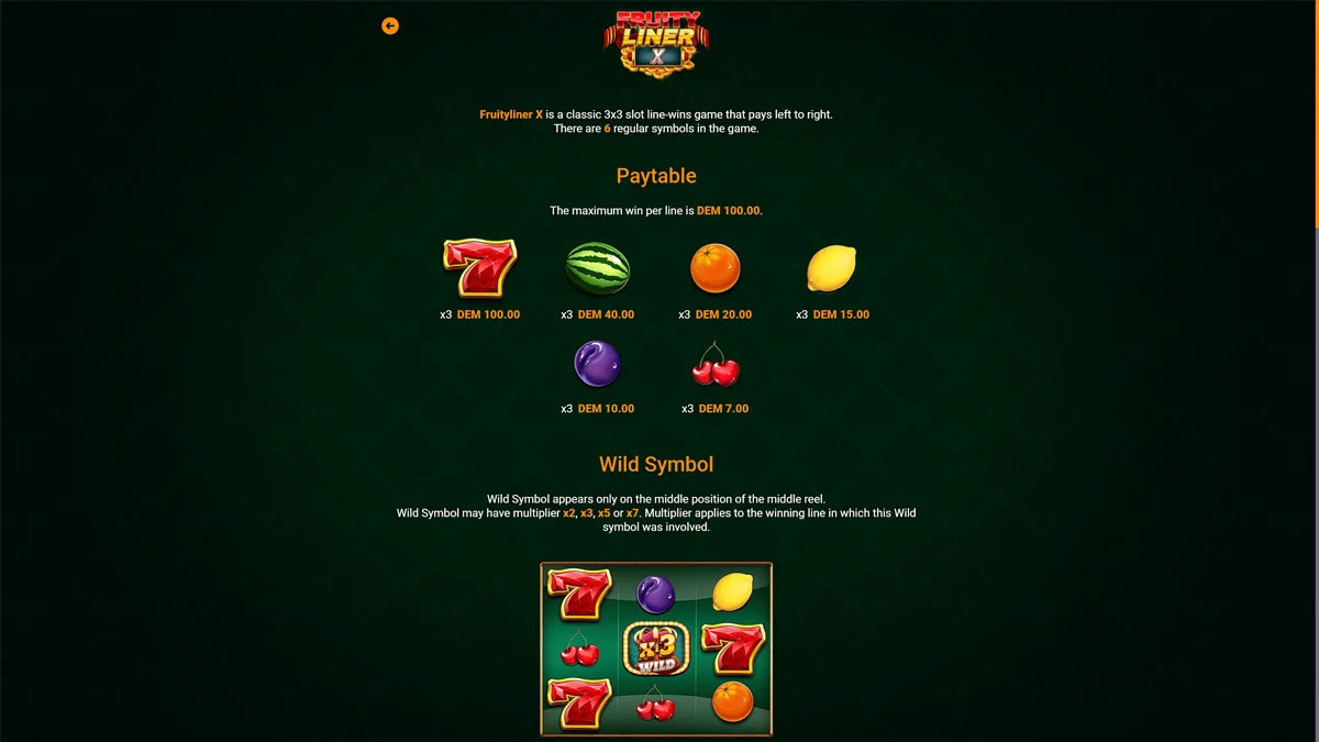 Fruityliner X Paytable
