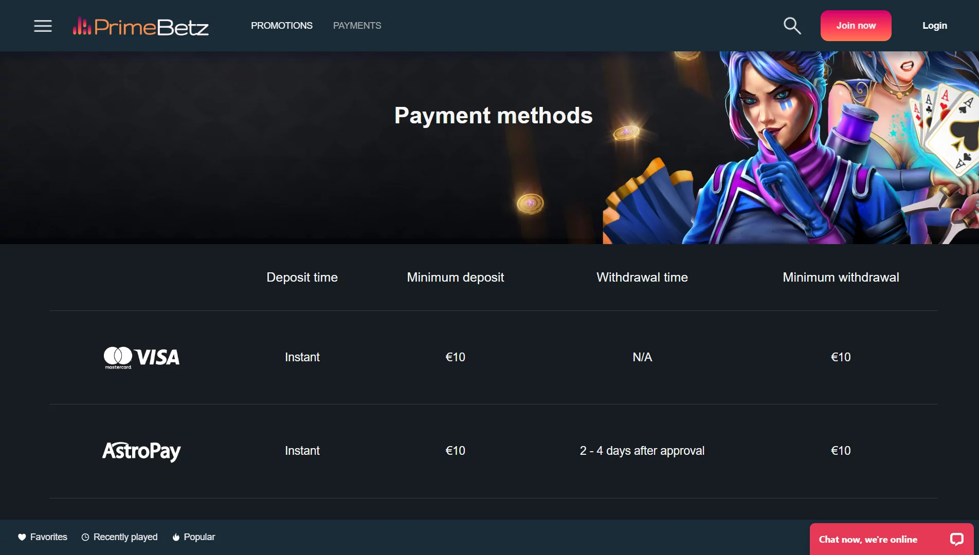 Primebetz Casino Payments