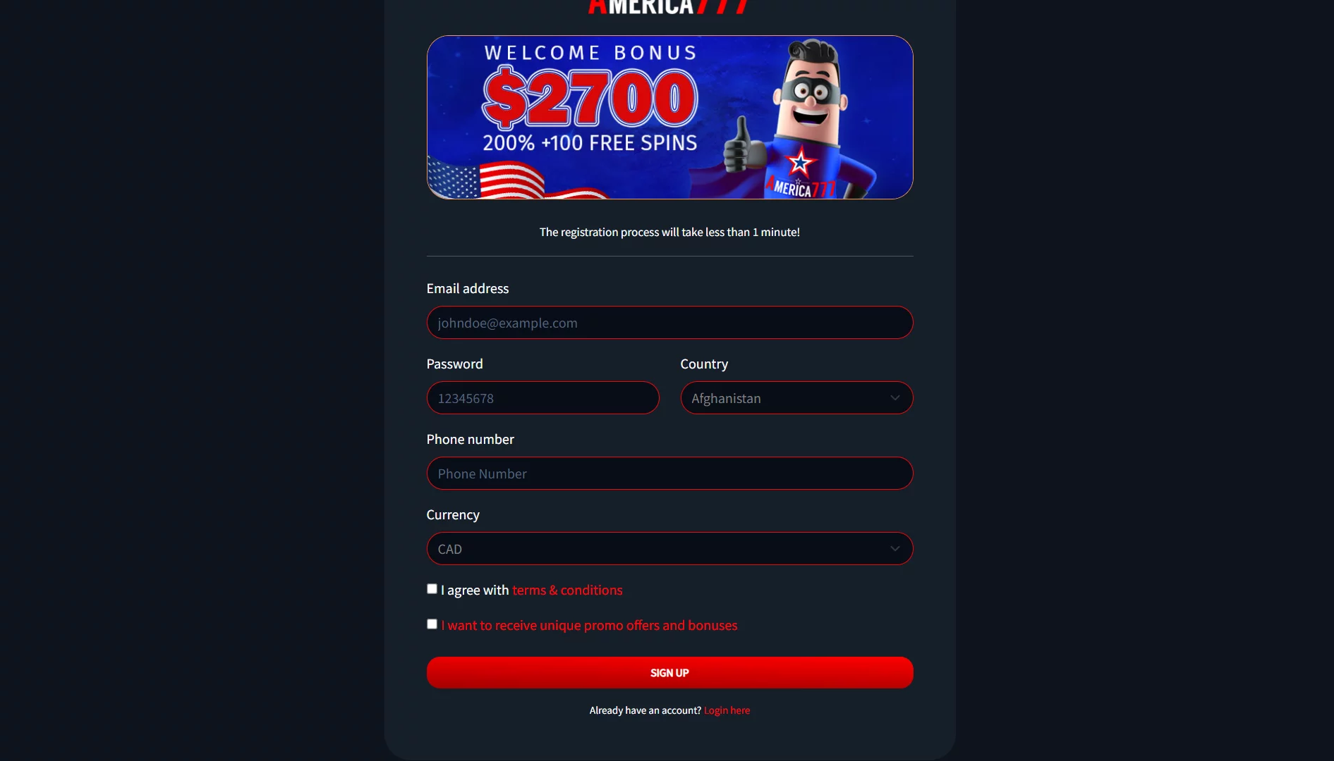 America777 Casino Register Form