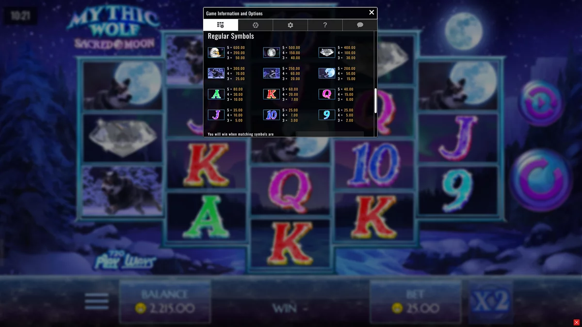 Mythic Wolf Sacred Moon Paytable