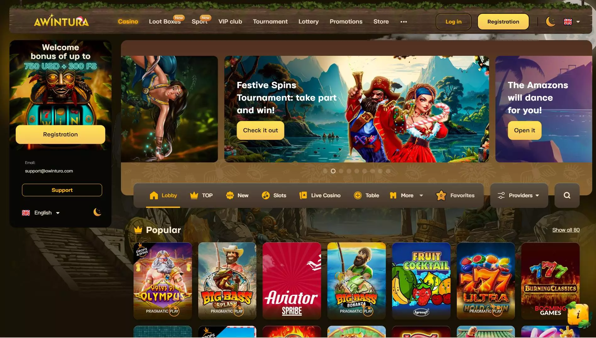 Awintura Casino Home Page Dark Theme