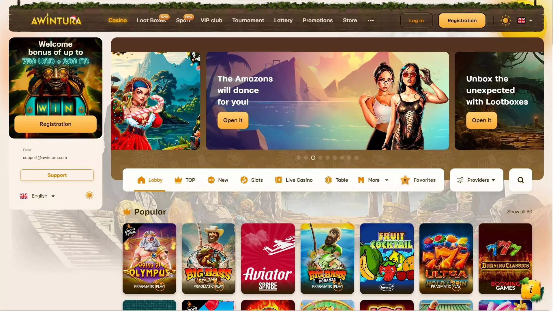 Awintura Casino Home Page Light Theme