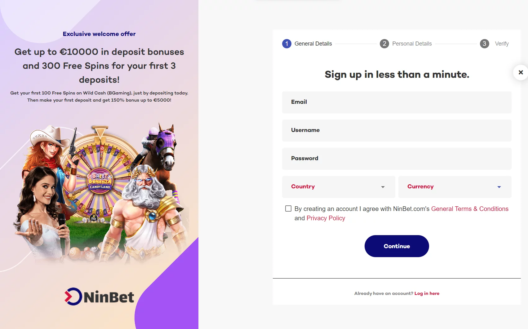 NinBet Casino Register Form