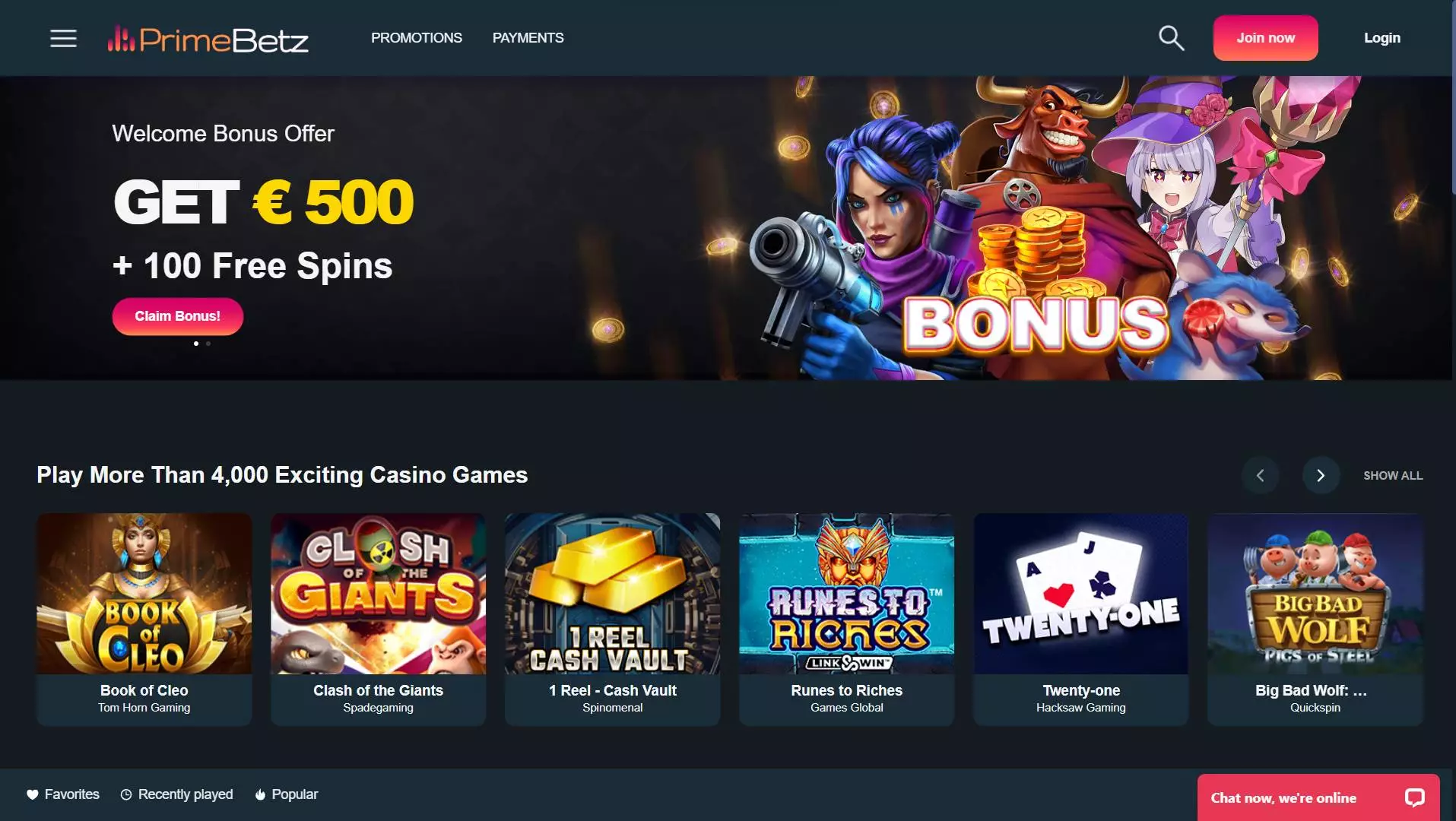 Primebetz Casino Home Page