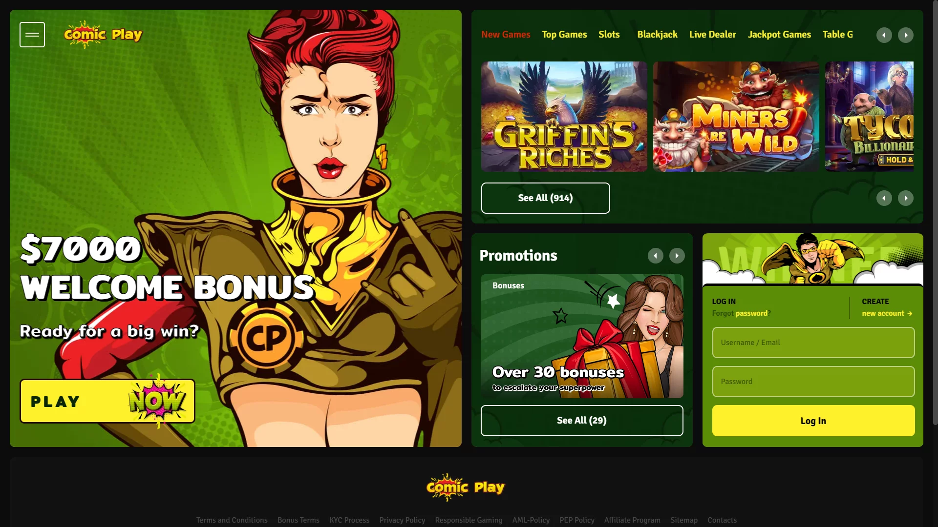 ComicPlay Casino Home Screen