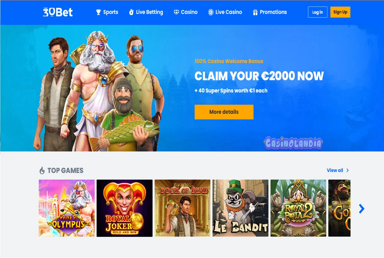 30Bet Casino Desktop View