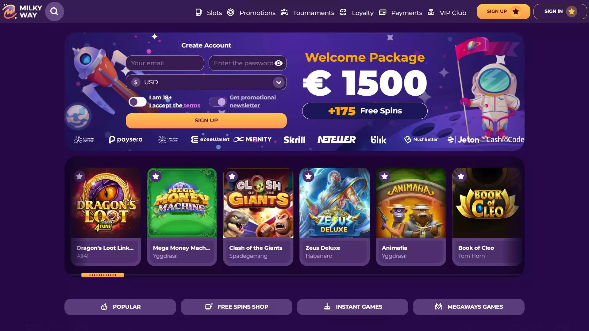 MilkyWay Casino Home Page
