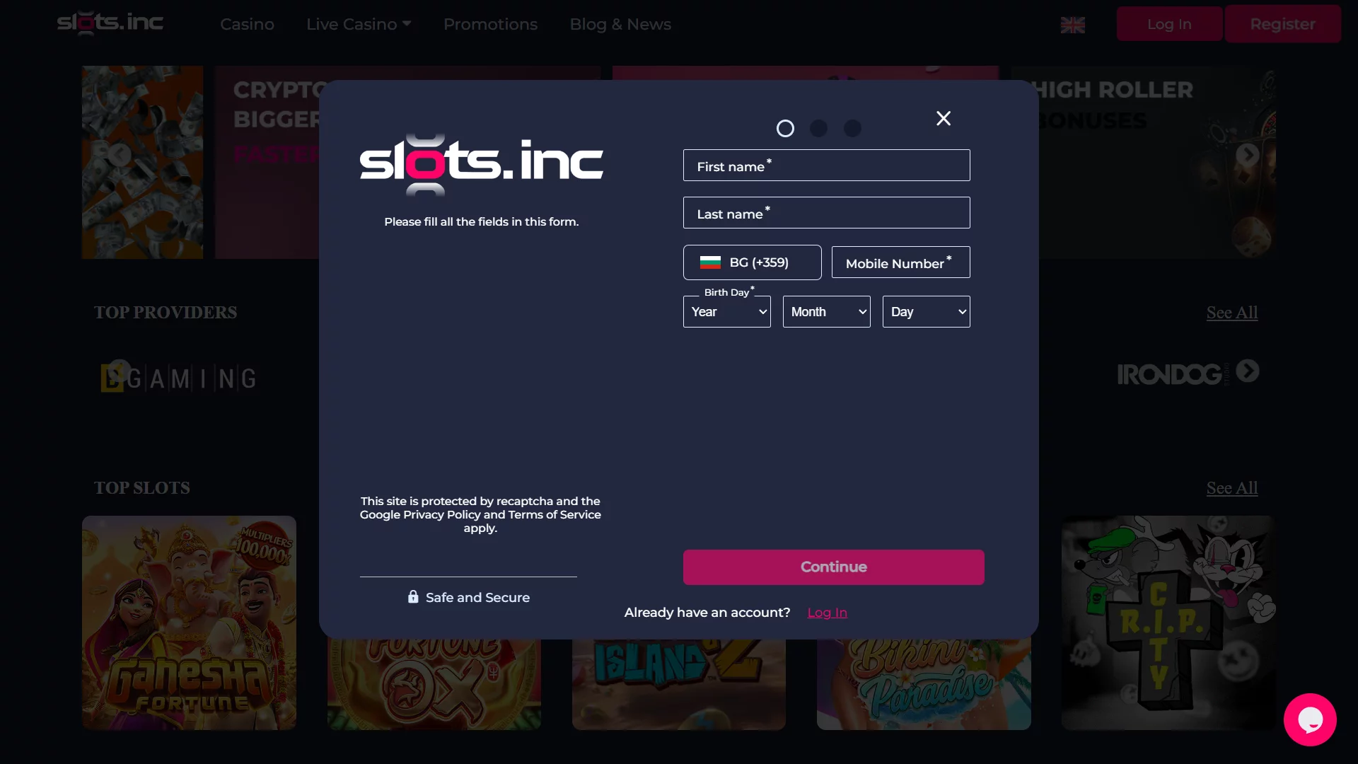 Slots.Inc Casino Registration