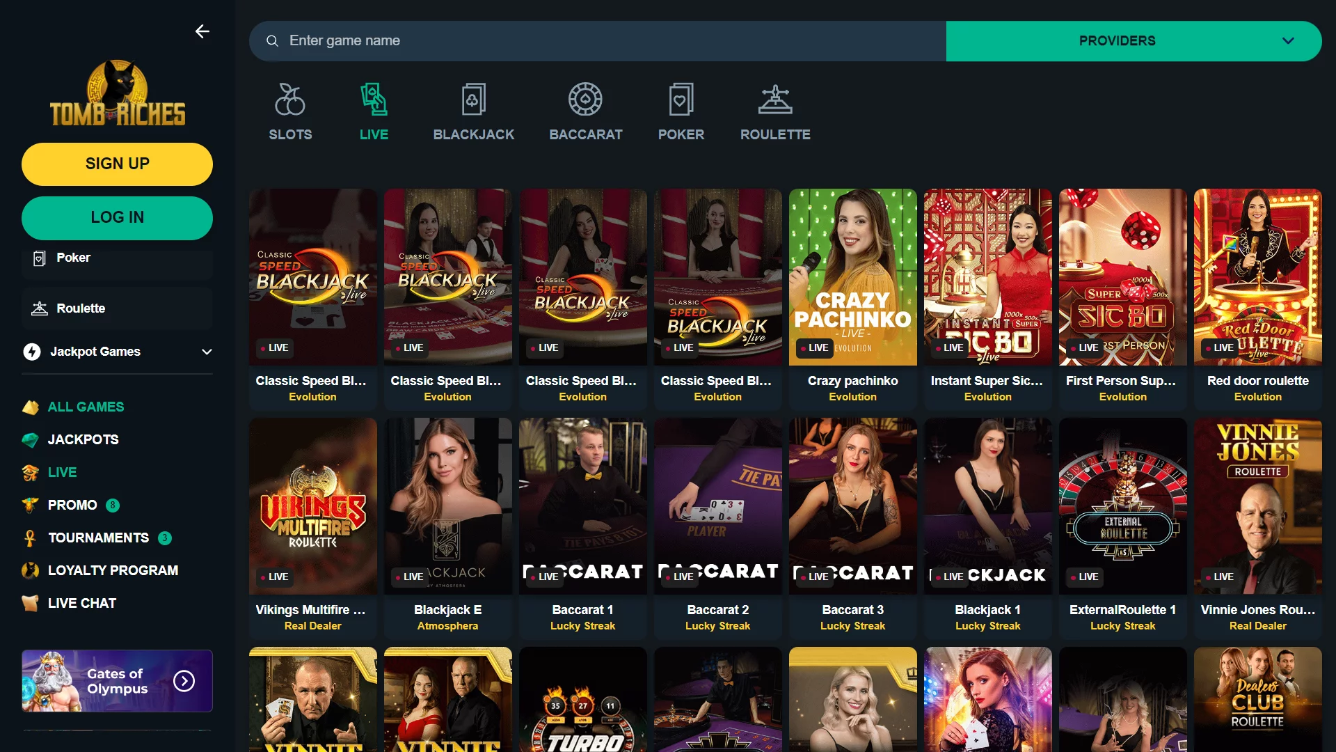 TombRiches Casino Live Section