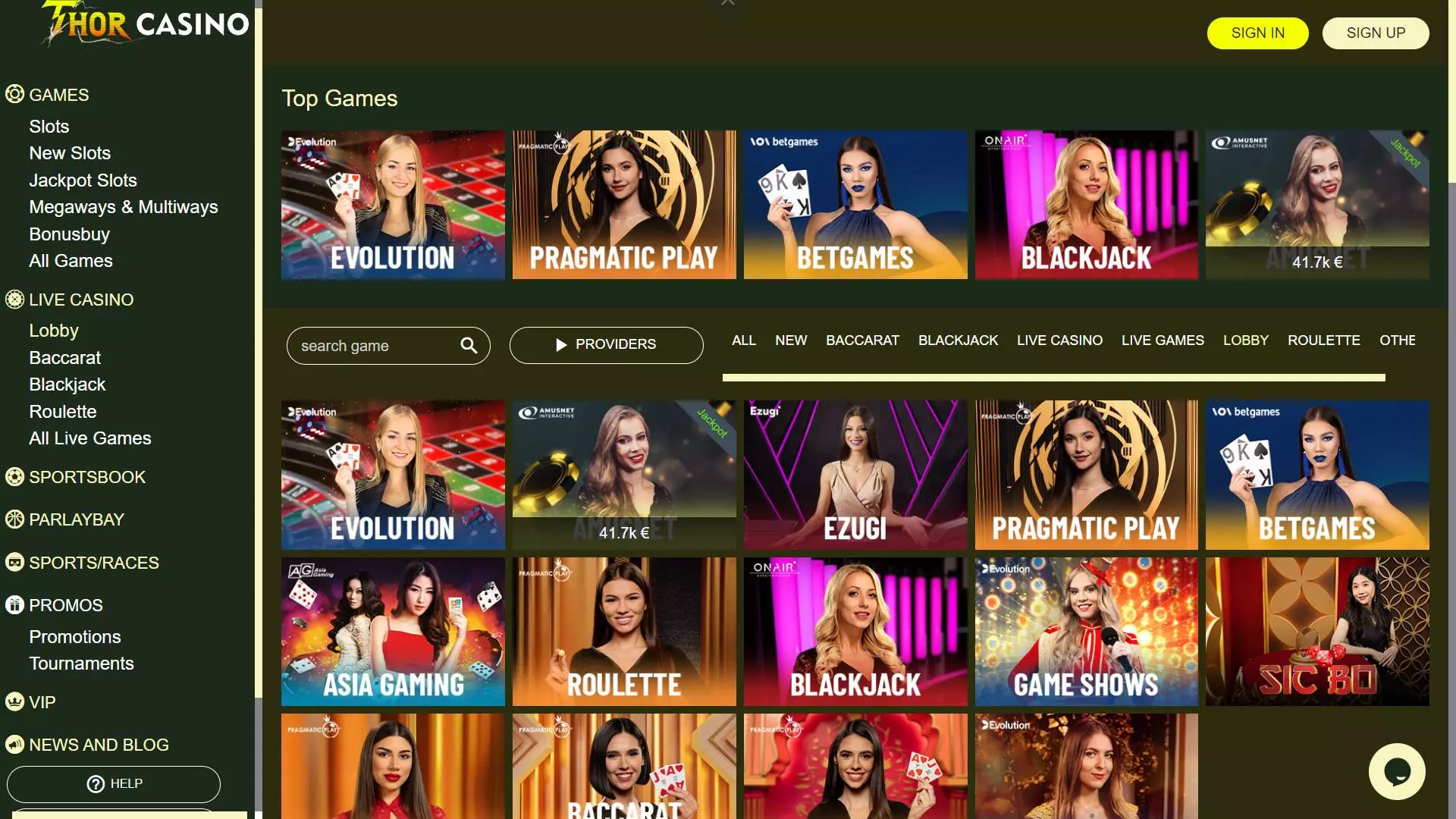 Thor Casino Live Games Lobby