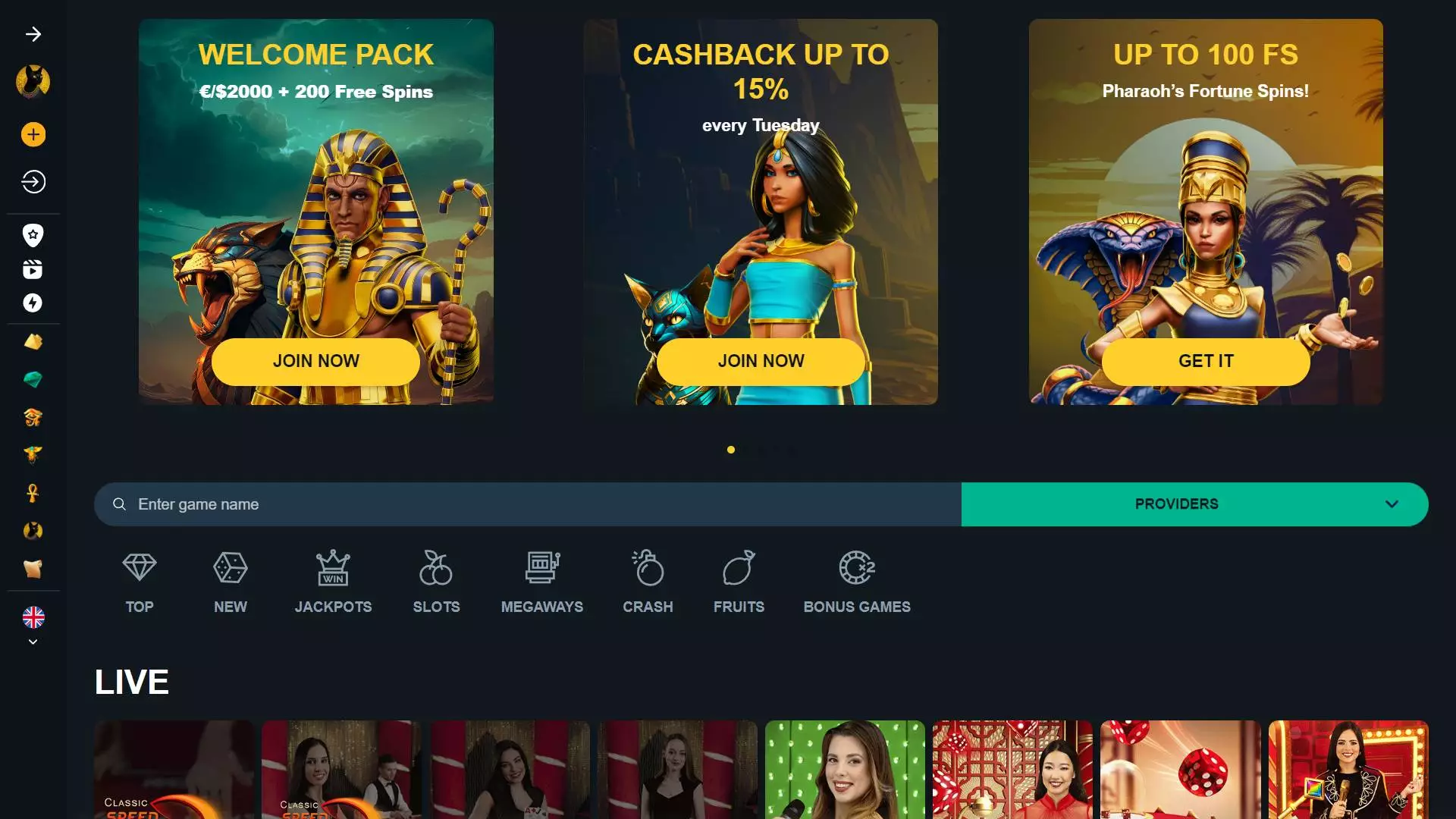 TombRiches Casino Home Screen