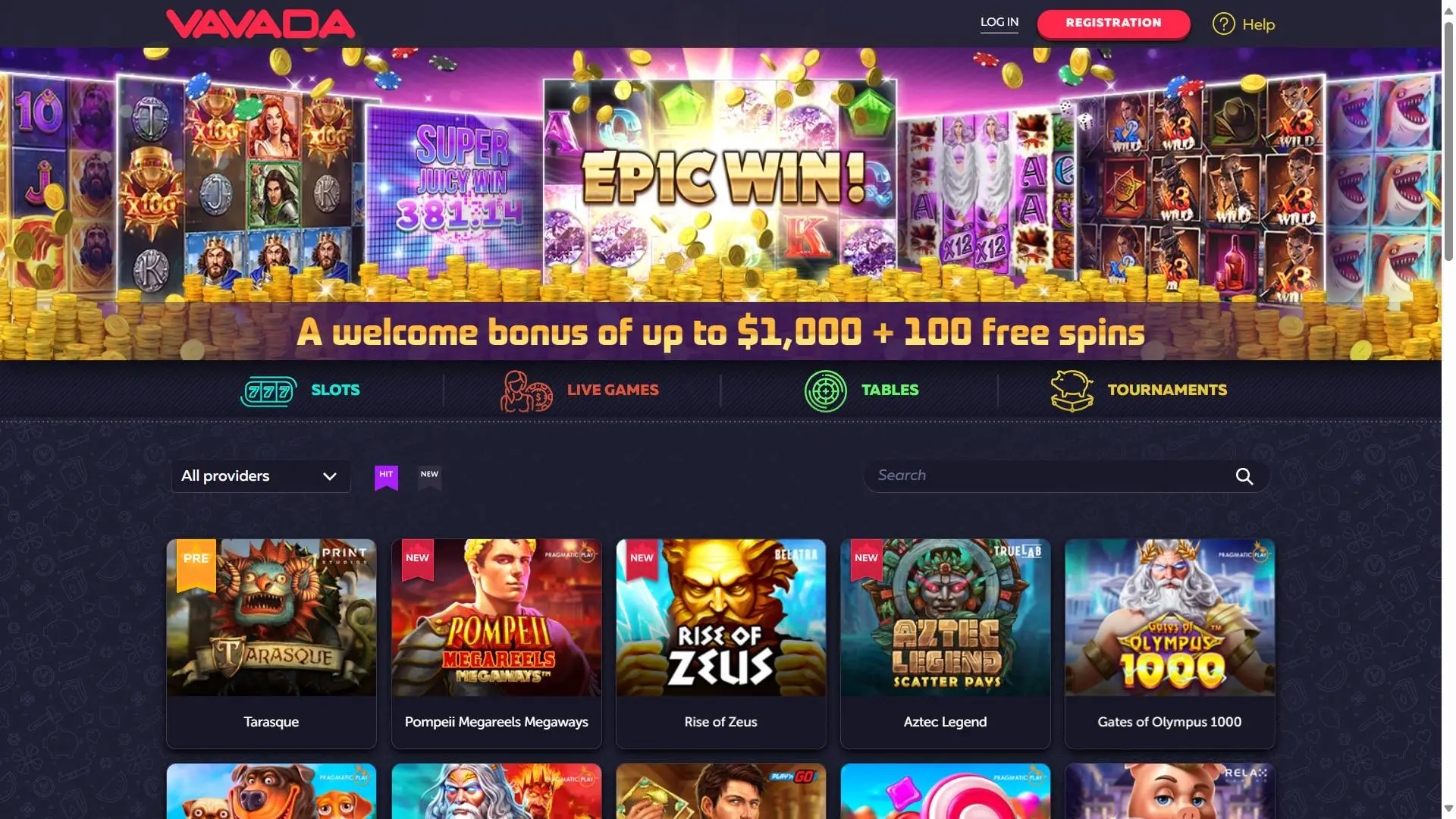 VAVADA Casino Home Screen
